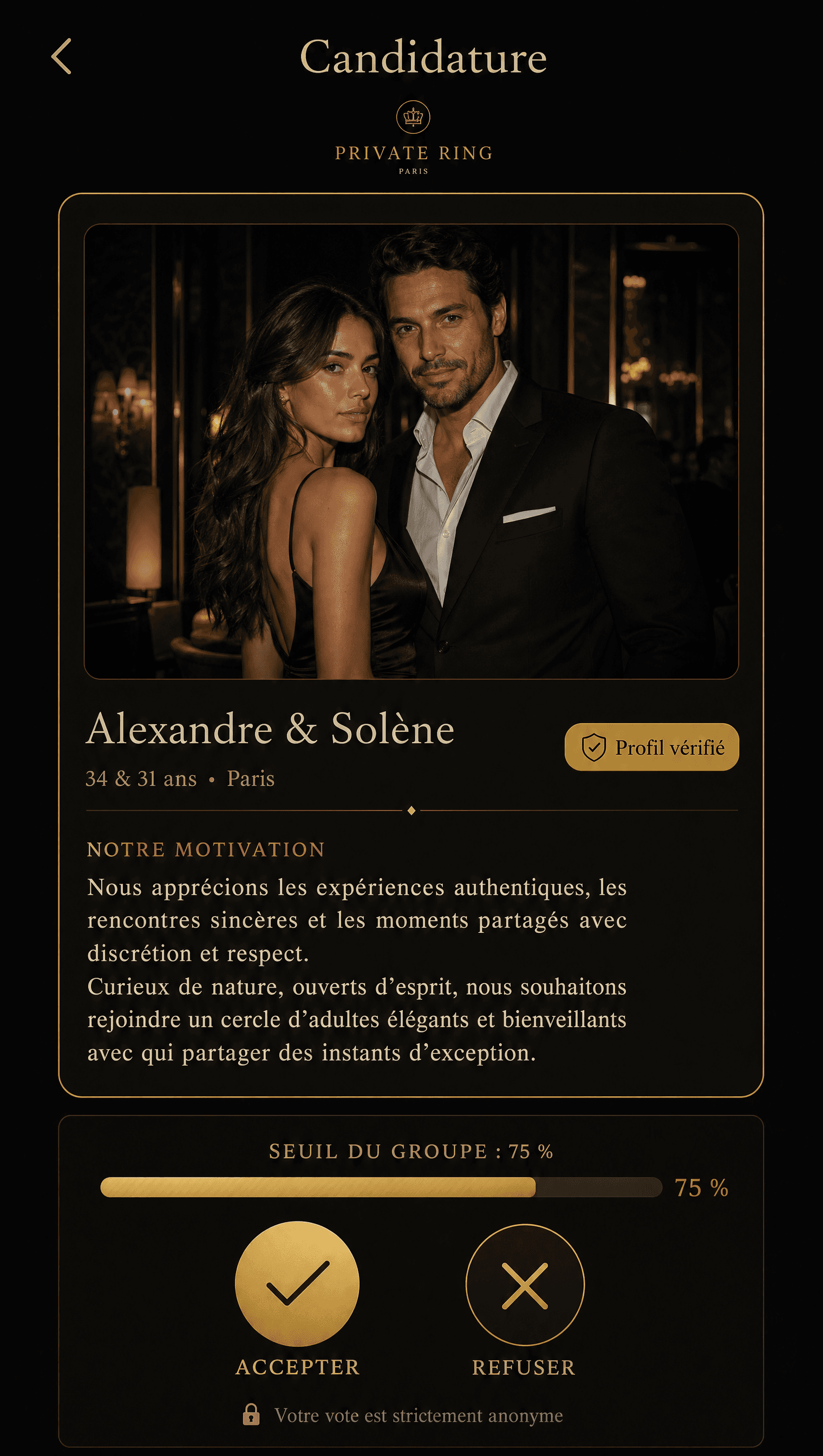 Écran de l'application Private Ring : vote anonyme sur une candidature
